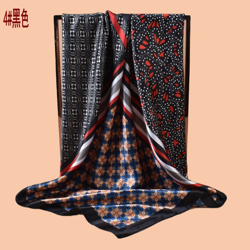 2025 new 90-satin combination pattern versatile printed square scarf with sunscreen, bag head silk scarf decoration, scarf