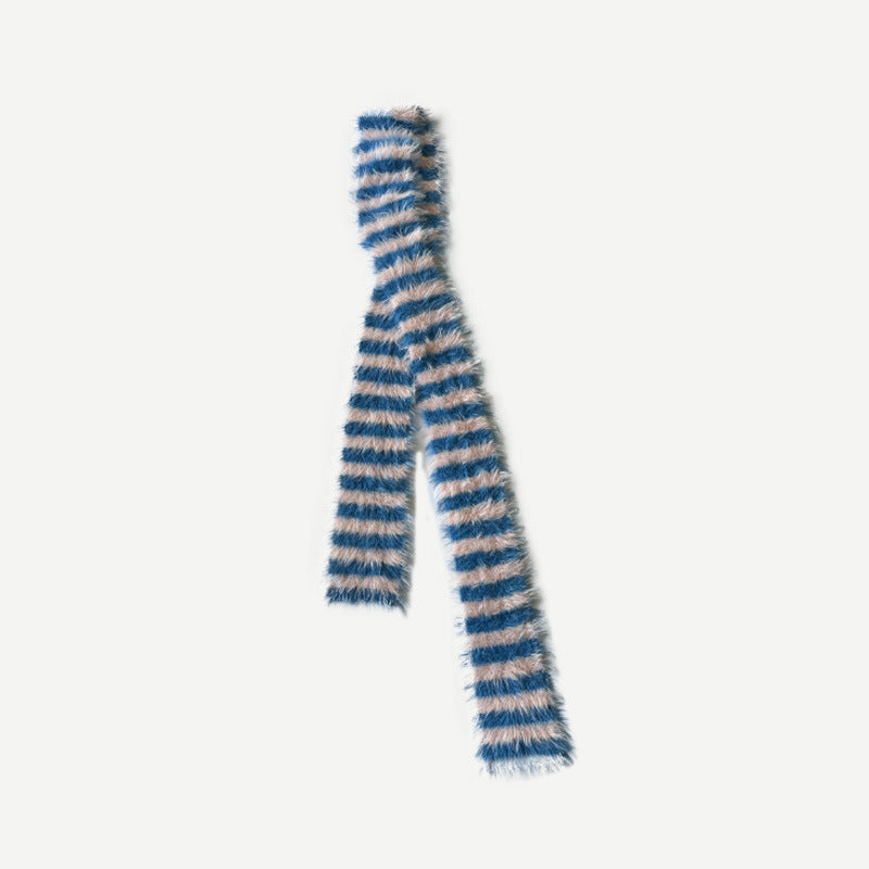 Long-haired imitation mink niche millennial retro striped knitted scarf women's winter decoration soft wool scarf