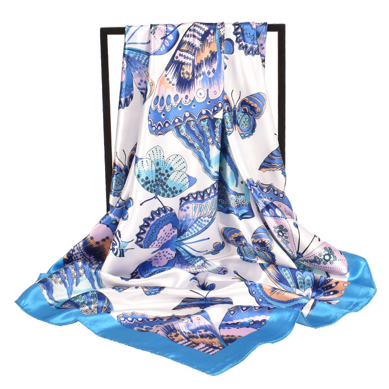 New butterfly Feifei high-quality satin large square scarf silk scarf, fashionable European and American imitation silk printing circumference