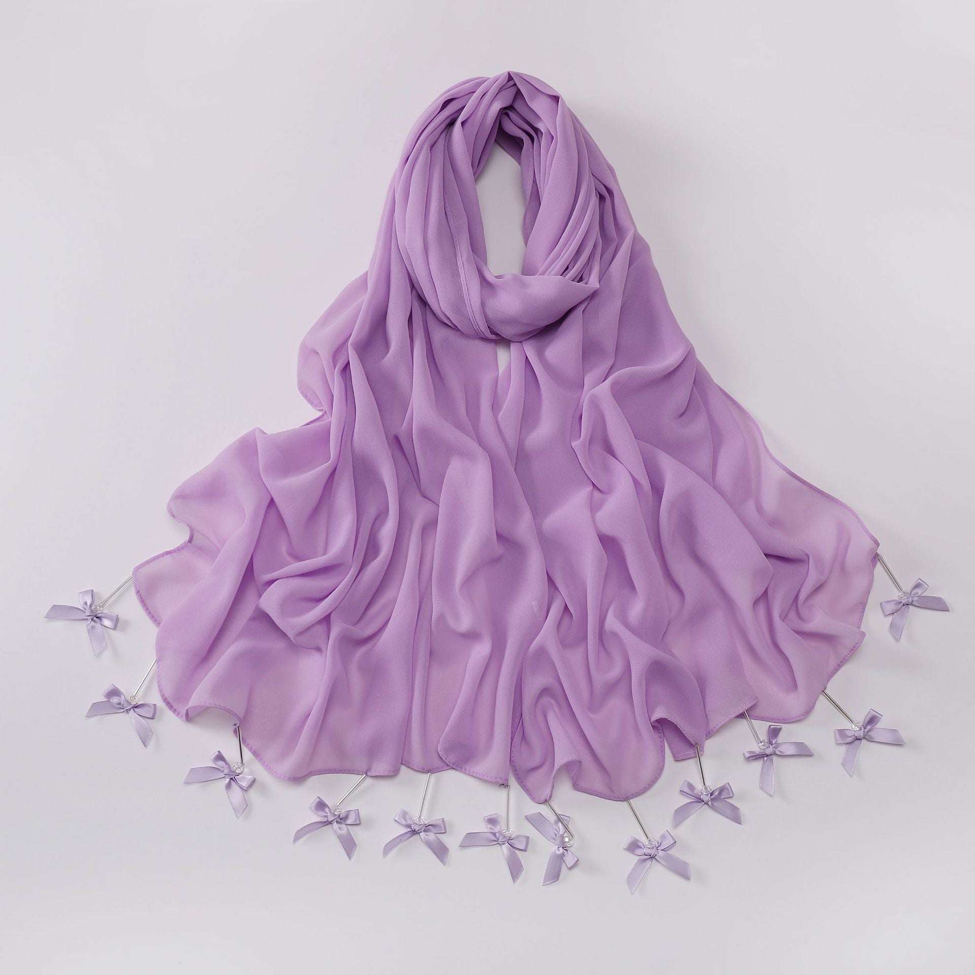 Hand sewn glass tube bow chiffon long towel yarn scarf Malaysia small fresh headscarf