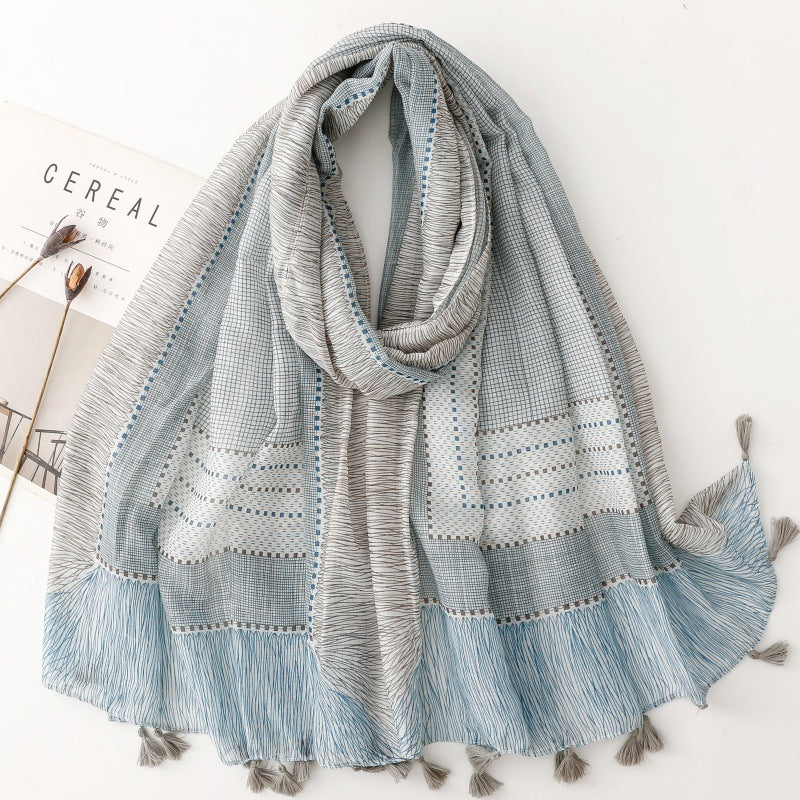 Fashion scarf blue-gray geometric pattern small plaid hanging beard travel accessories silk scarf shawl