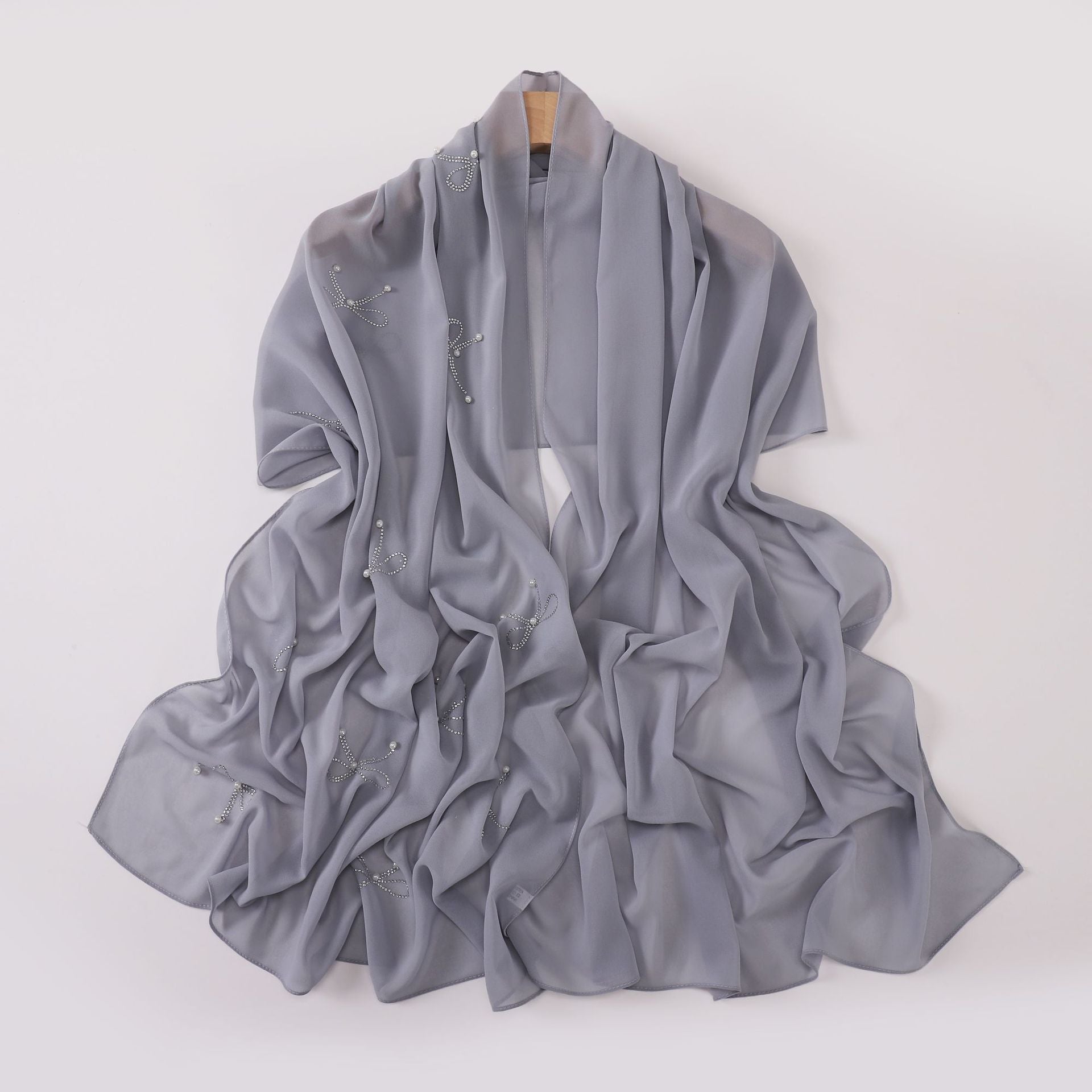 New pearl chiffon bow hot diamond beads long towel yarn towel small fresh headscarf women