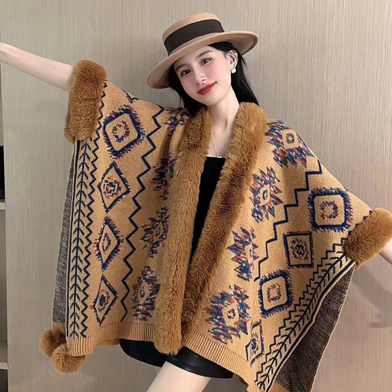 Autumn and winter new ethnic style hairball cape cape cape with jacquard loose knitted cardigan jacket women
