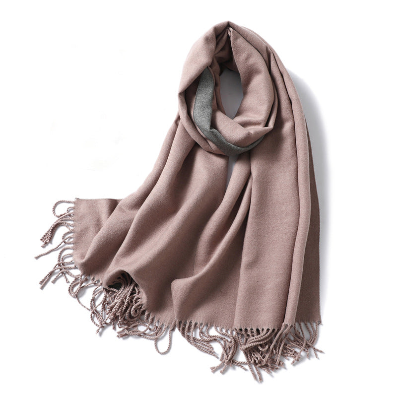 Simple solid color imitation cashmere scarf men's and women's winter thickened warm double-sided two-color versatile fringed shawl core-spun yarn