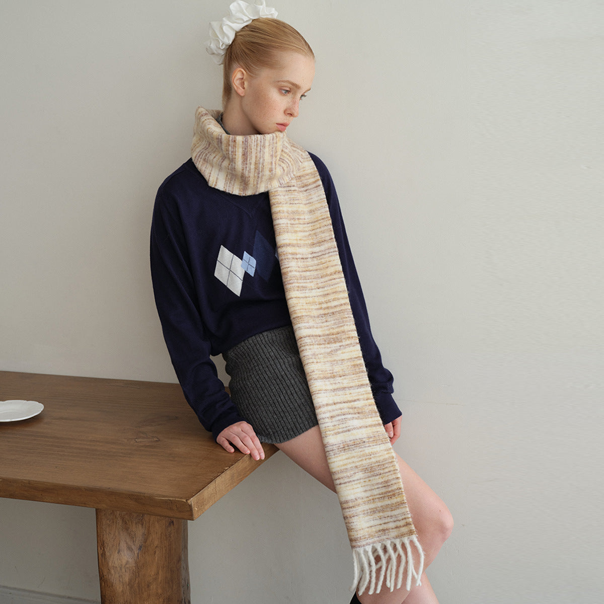 Scarf containing wool gradual change women's winter niche segment dye soft Korean brushed soft fringed wool scarf