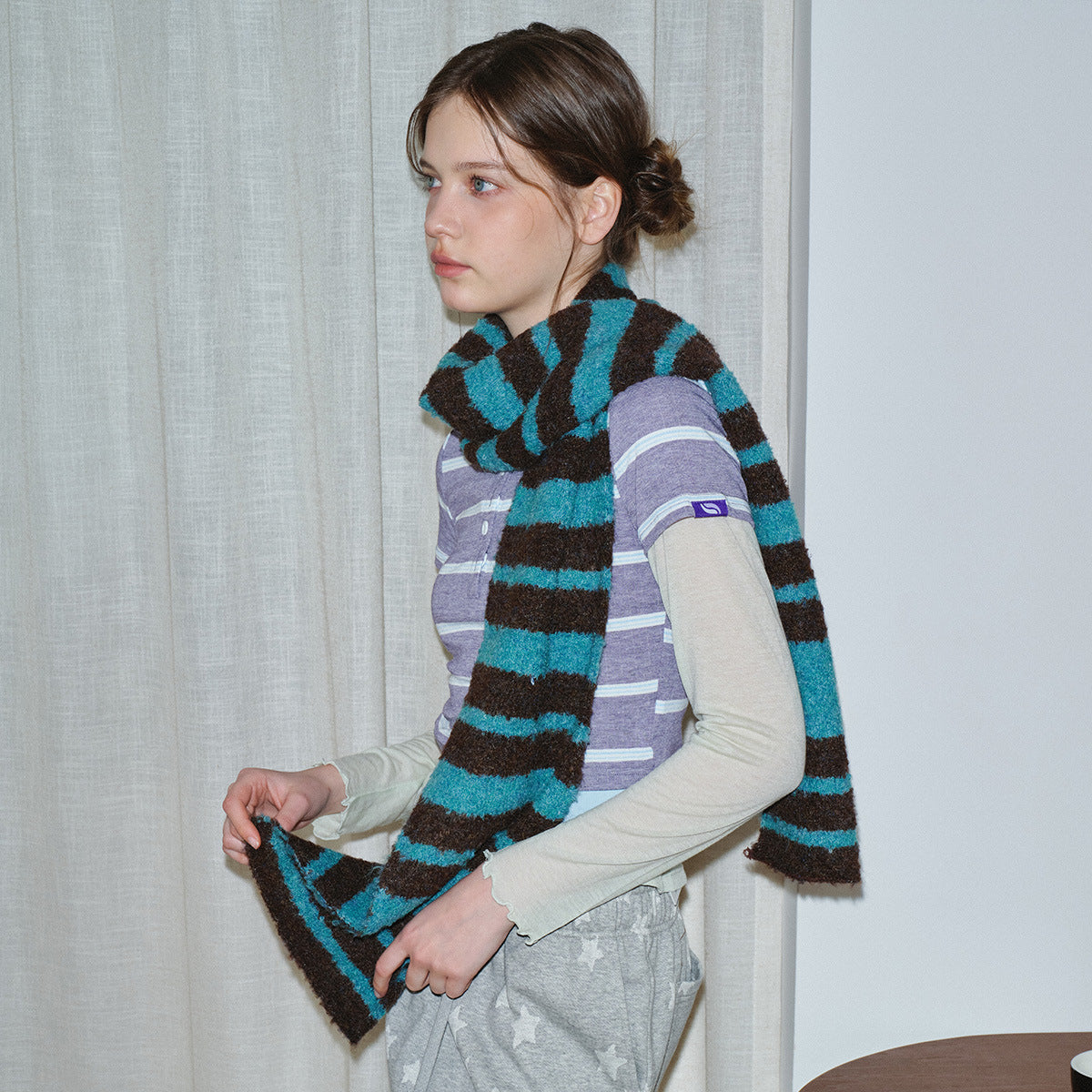 Designer Korean circle striped wool scarf women's winter soft retro contrasting color atmosphere wool scarf