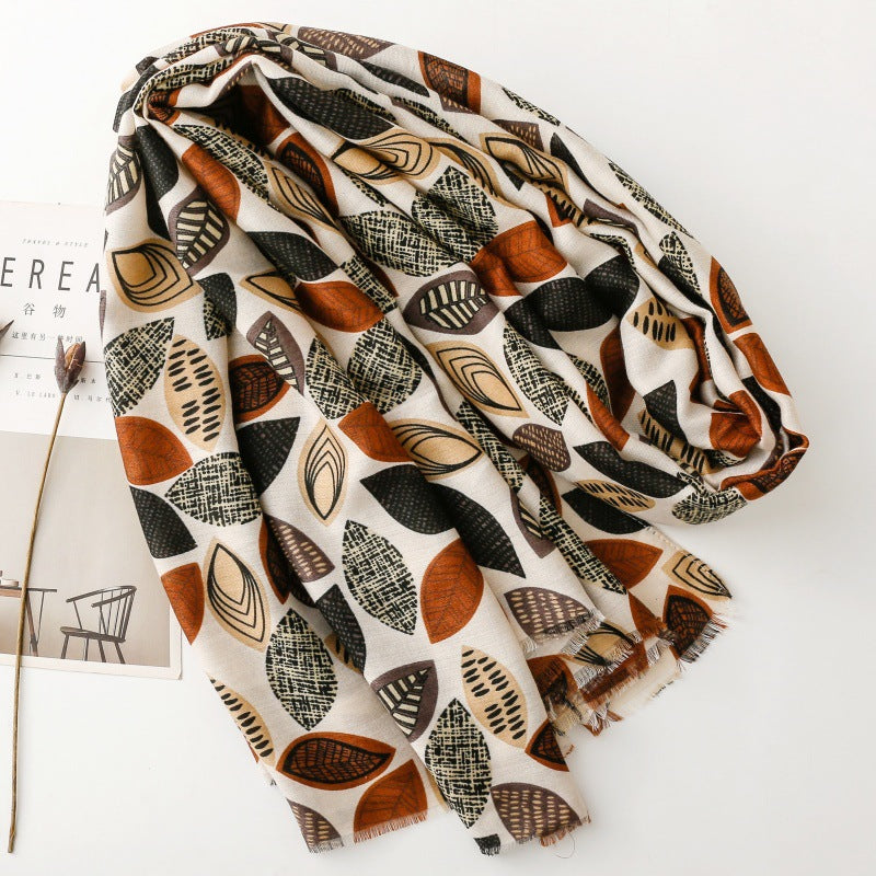 Stylish and simple commuter cotton and linen feel scarf plant leaf rough edge silk scarf thick shawl