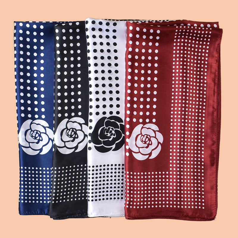 2025 new 90cm-satin polka dot flower versatile printed square scarf with sunscreen, bag head silk scarf decoration, scarf