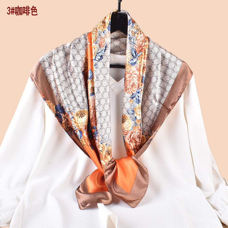 Spring and summer scarf temperament floral printing versatile decorative scarf headscarf silk scarf 90 high-quality satin square scarf