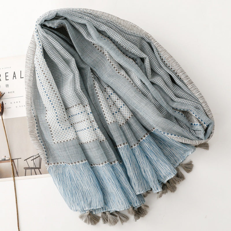 Fashion scarf blue-gray geometric pattern small plaid hanging beard travel accessories silk scarf shawl