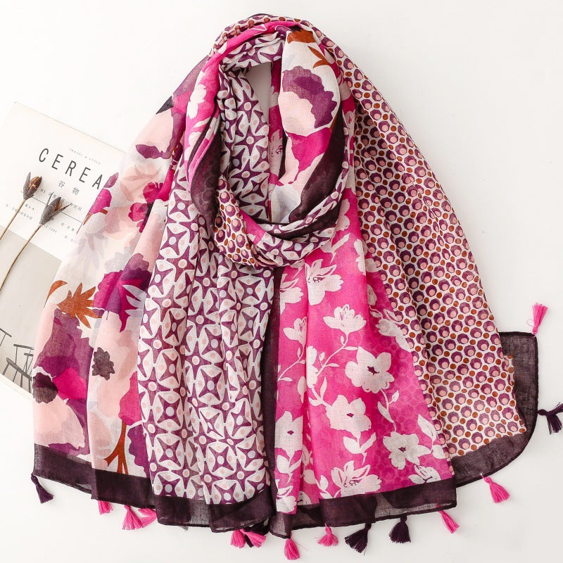 Bohemian ethnic style cotton and linen feel scarf color matching flower travel sunscreen silk scarf seaside vacation shawl women
