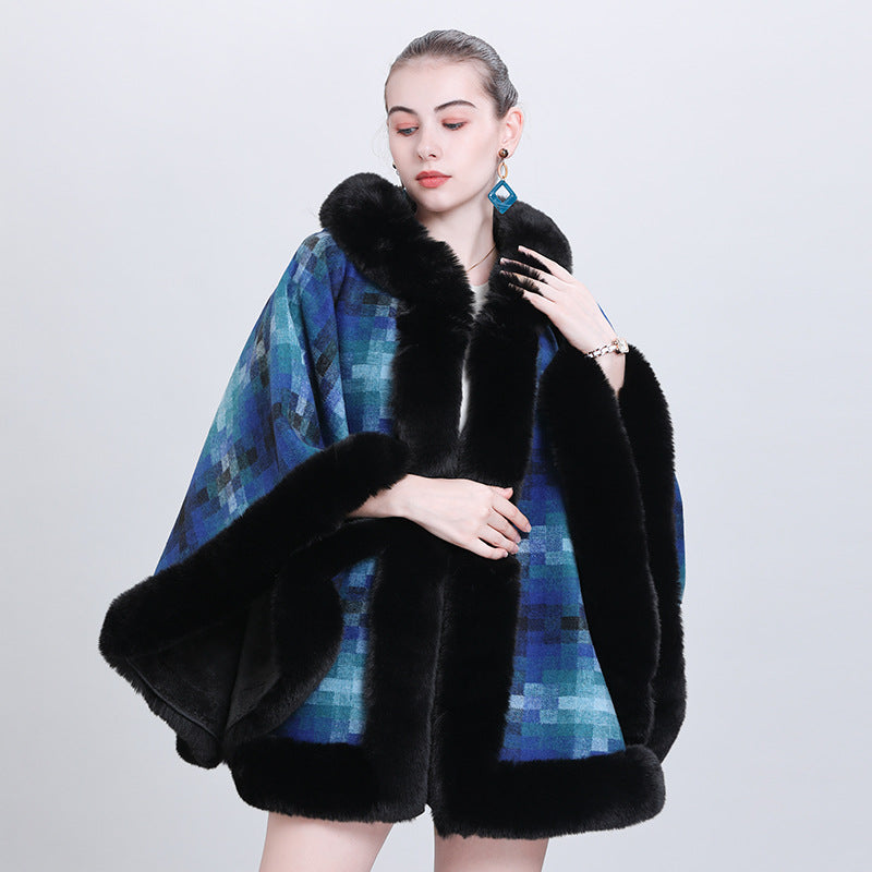 European and American autumn and winter fashion new cape shawl piled thickened plaid fur collar hooded scarf shawl cape 0985