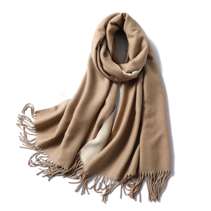 Simple solid color imitation cashmere scarf men's and women's winter thickened warm double-sided two-color versatile fringed shawl core-spun yarn