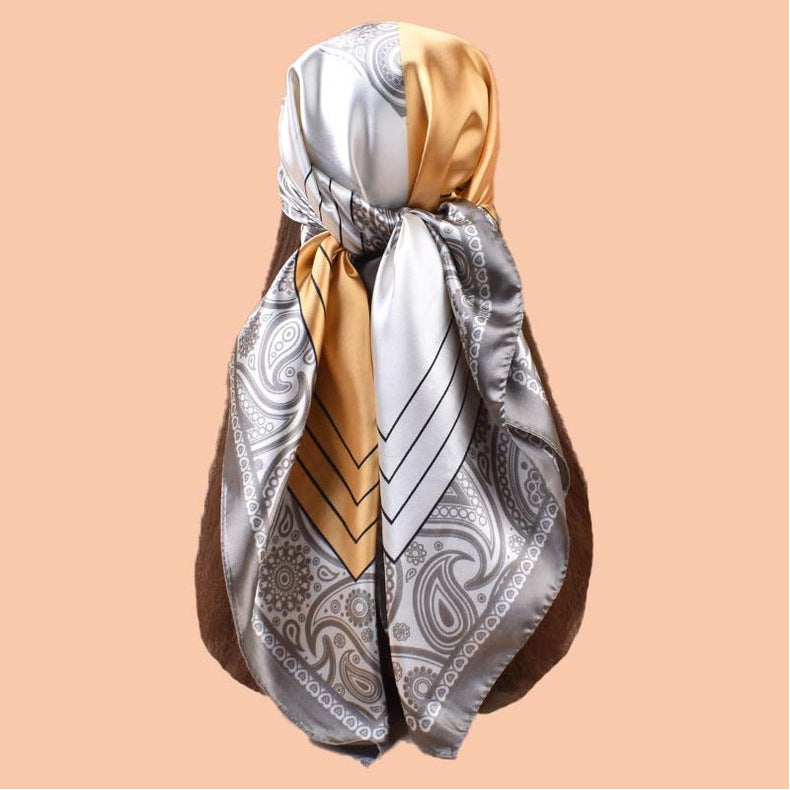 2025 new 90-satin color matching cashew nut flower printing square scarf with sunscreen, bag head silk scarf decoration, scarf