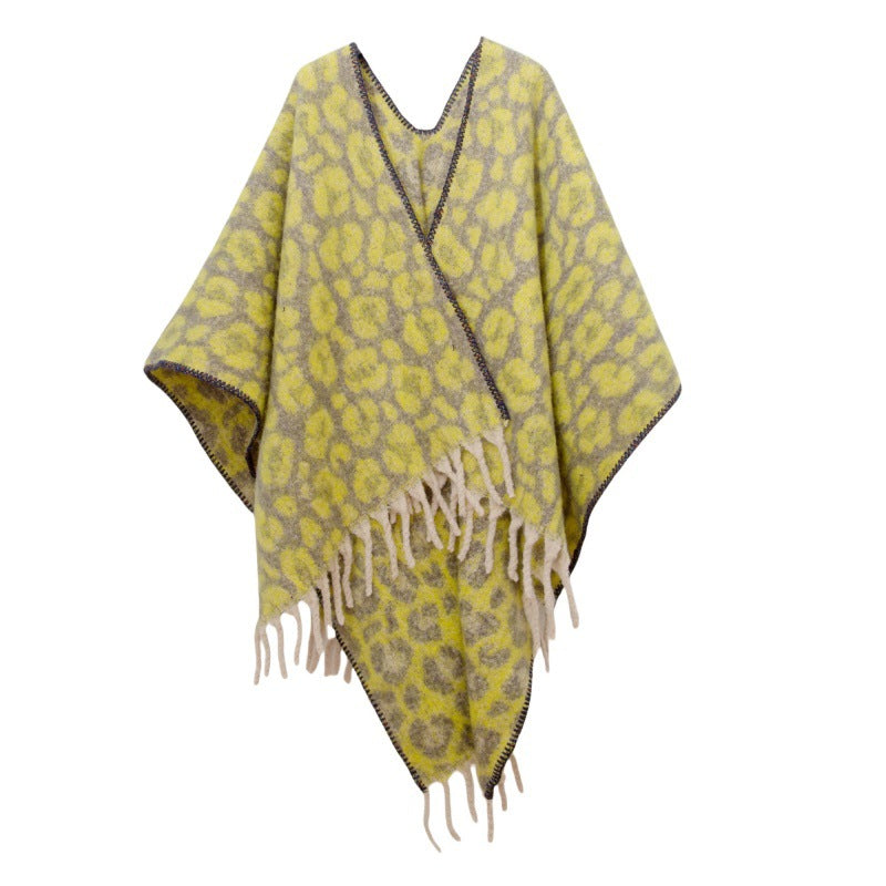 European, American autumn and winter circle yarn imitation mohair thickened jacquard leopard print fringed cross shawl
