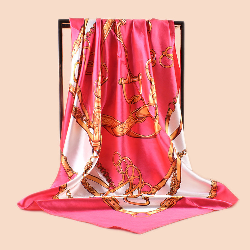 Spring new fashionable versatile large shawl simulation silk chain printed silk scarf head scarf 90cm-color square scarf