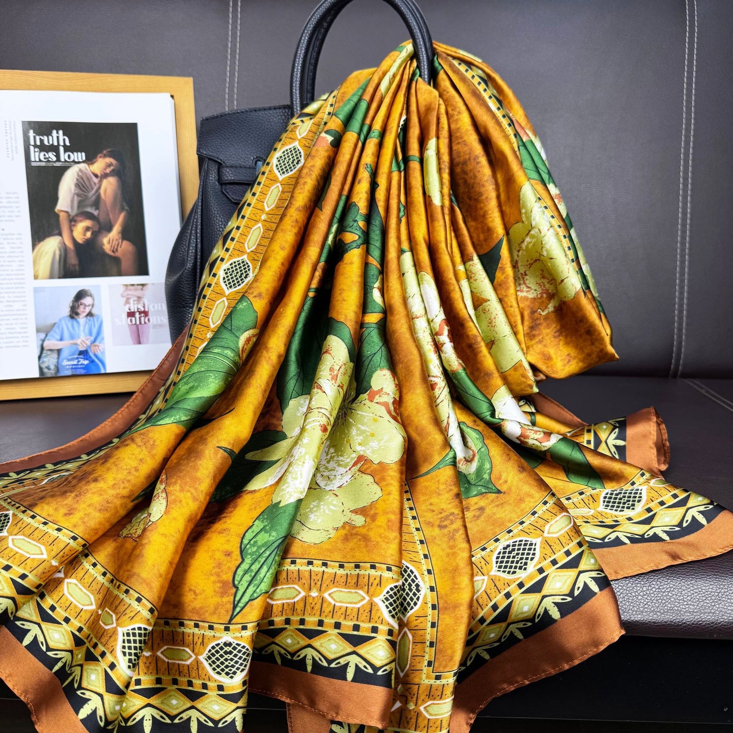 Literary retro fashion versatile brocade long printed silk scarf, simple and elegant temperament women's vacation shawl