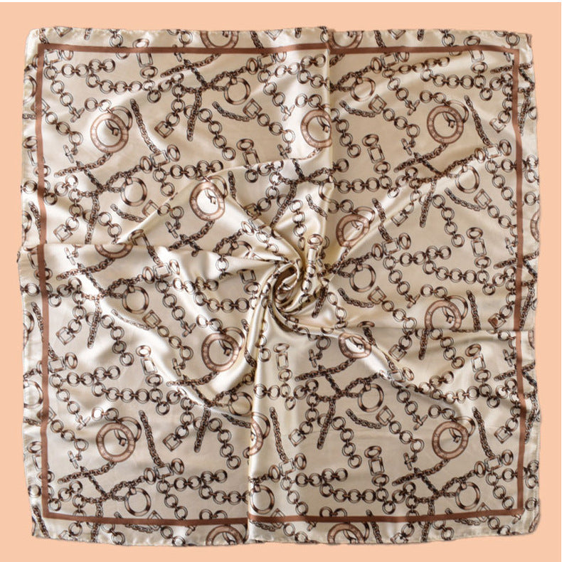 New 90-satin retro round chain printed square scarf with sunscreen bag head silk scarf decorative scarf