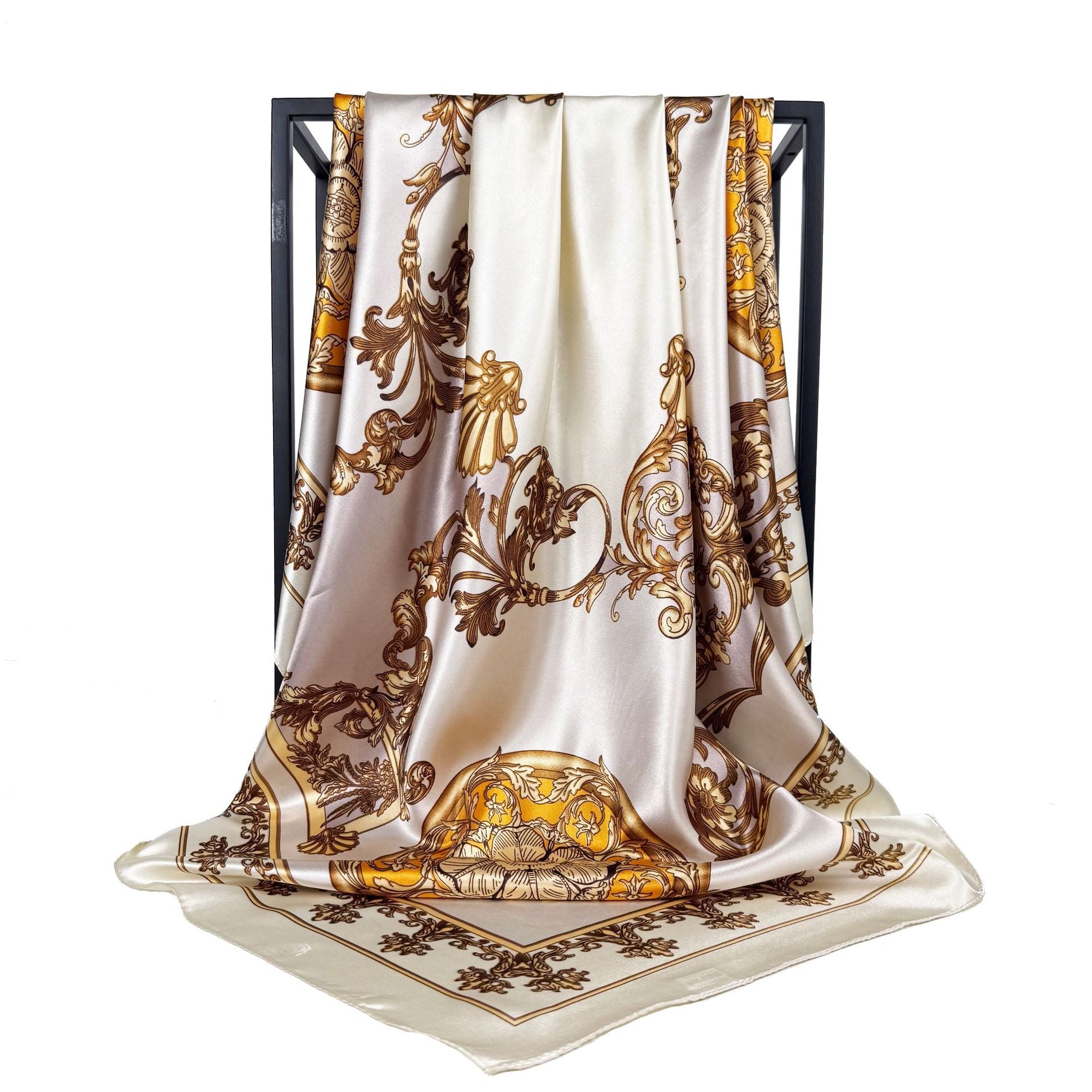 Spring new product, simple and elegant plant flower silk scarf, imitation silk satin 90cm square scarf, ethnic women's headscarf