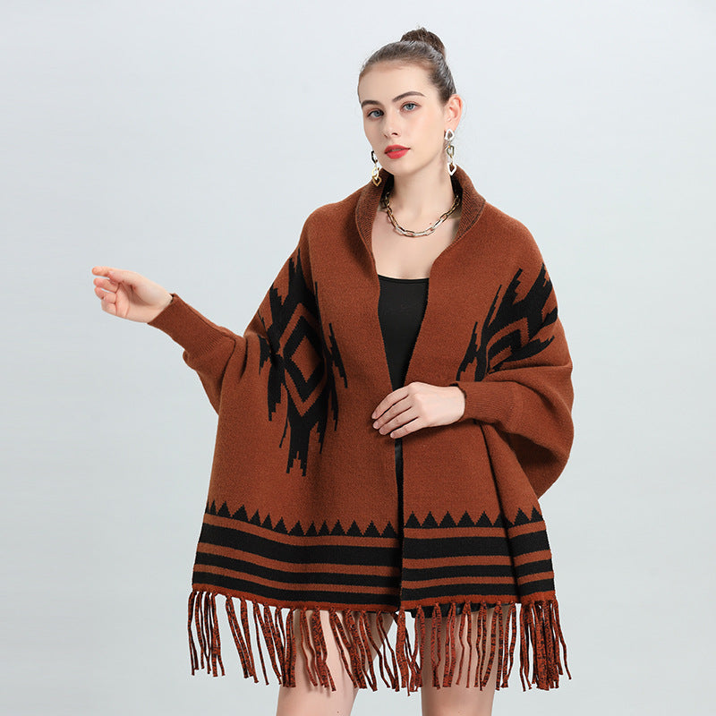 European and American autumn and winter new striped fringed bat-sleeved knitted sweater cardigan shawl scarf dual-purpose 0910 #
