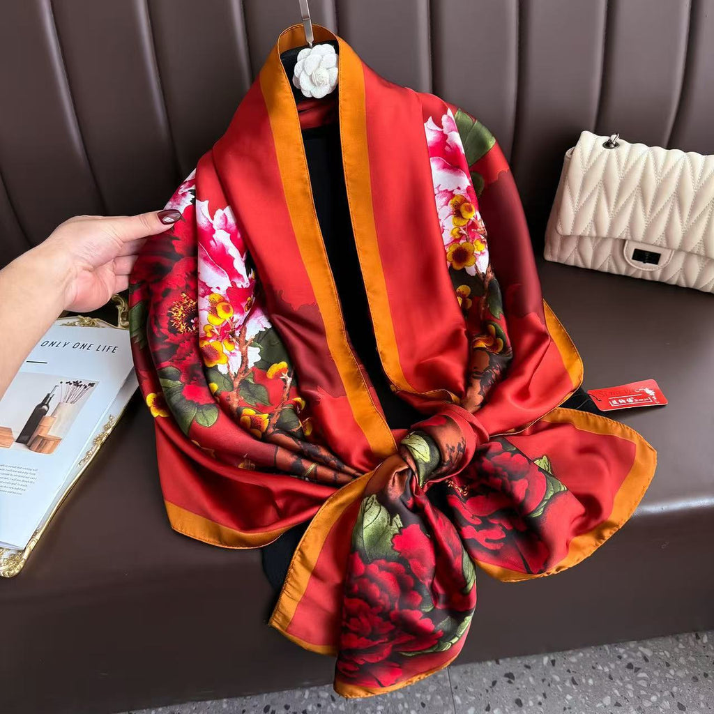Literary and retro national style, peony flowers and flowers, long silk scarves, high-end mother's gift scarves, shawls