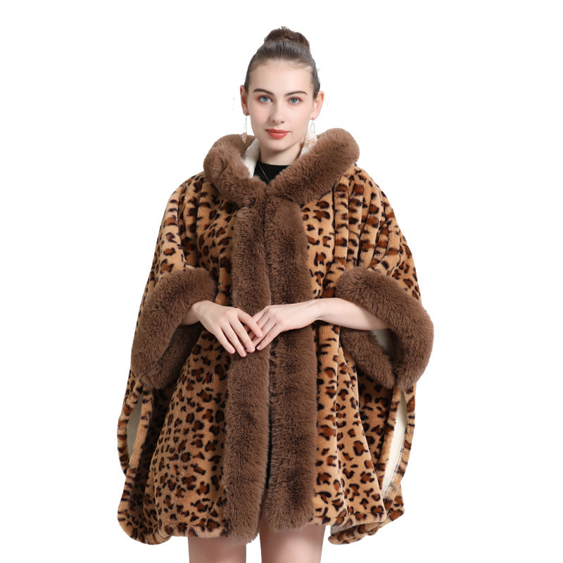 Cloak shawl piled thickened fur collar fringed knitted shawl large size woolen coat 0961 #