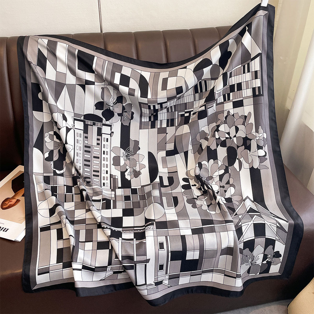 New geometric flower 90 twill large square scarf fashion printing imitation silk windproof shawl headscarf women