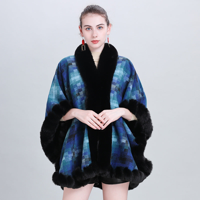 European and Korean autumn and winter fashion new scarf shawl plaid plush thickened fur collar shawl cape 0987