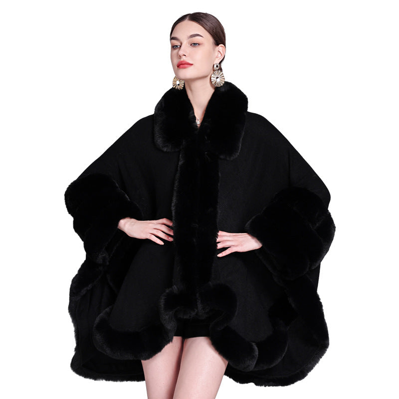 European and American autumn and winter new knitted fur collar loose cape shawl cape with medium and long imitation fur coat women