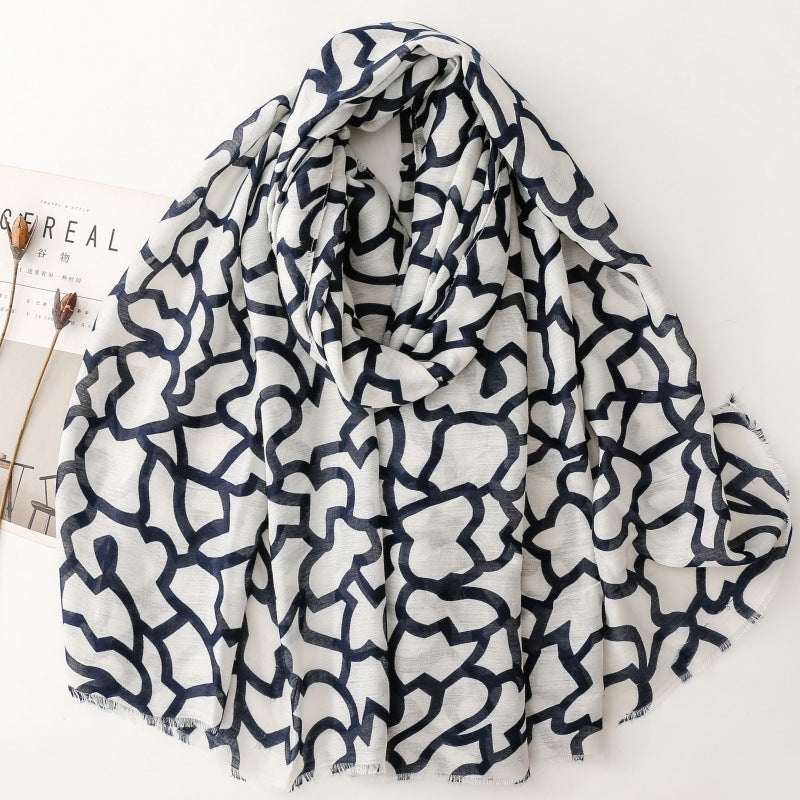 cotton and linen feel scarf soft silk scarf peach geometric line printing shawl