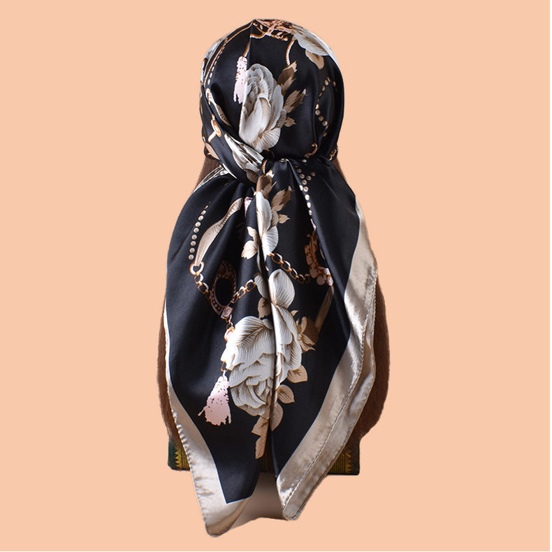 2025 new 90-color beautiful chain flower printing square scarf with sunscreen, bag head silk scarf decoration, scarf
