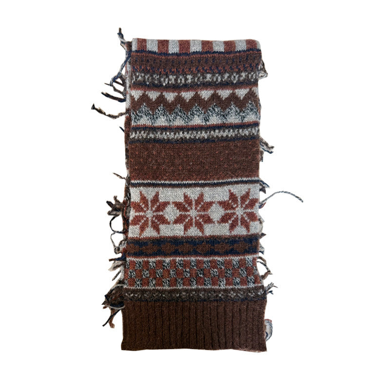 Designer 50% wool blended Fair Island jacquard rough edge knitted scarf women's winter vintage wool scarf