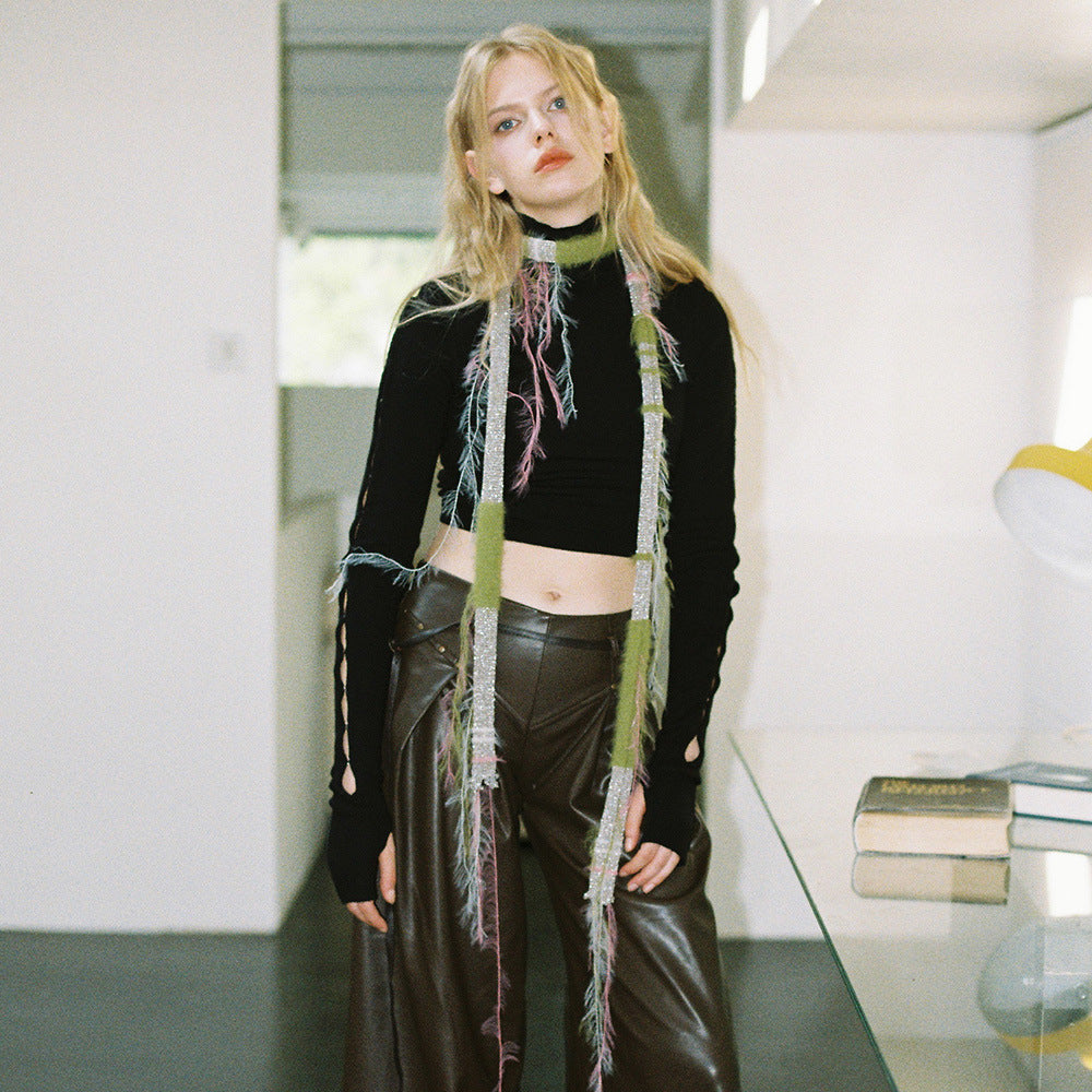 Niche broken retro mixed color hanging beard bright silk scarf scarf female slender shape dark wind JK fringed scarf