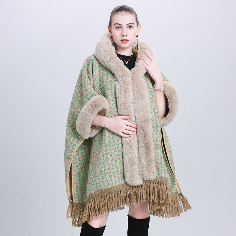 Autumn and winter new cape shawl loose fleece thickened fur collar hooded fringed cardigan shawl cape jacket 1186