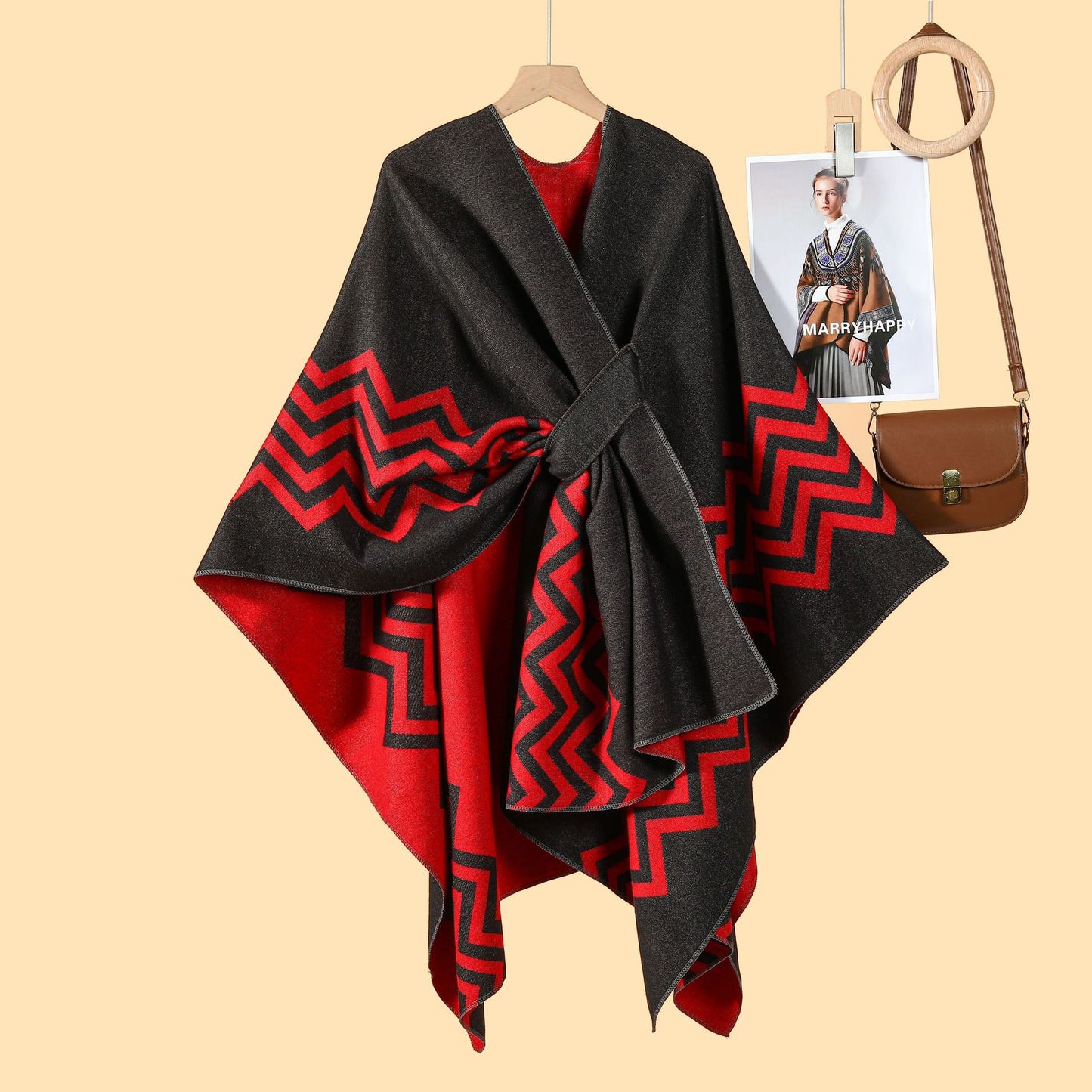 New Women's Wave Pattern Split Shawl Cardigan Multifunctional Autumn and Winter Straps Cloak Shawl New