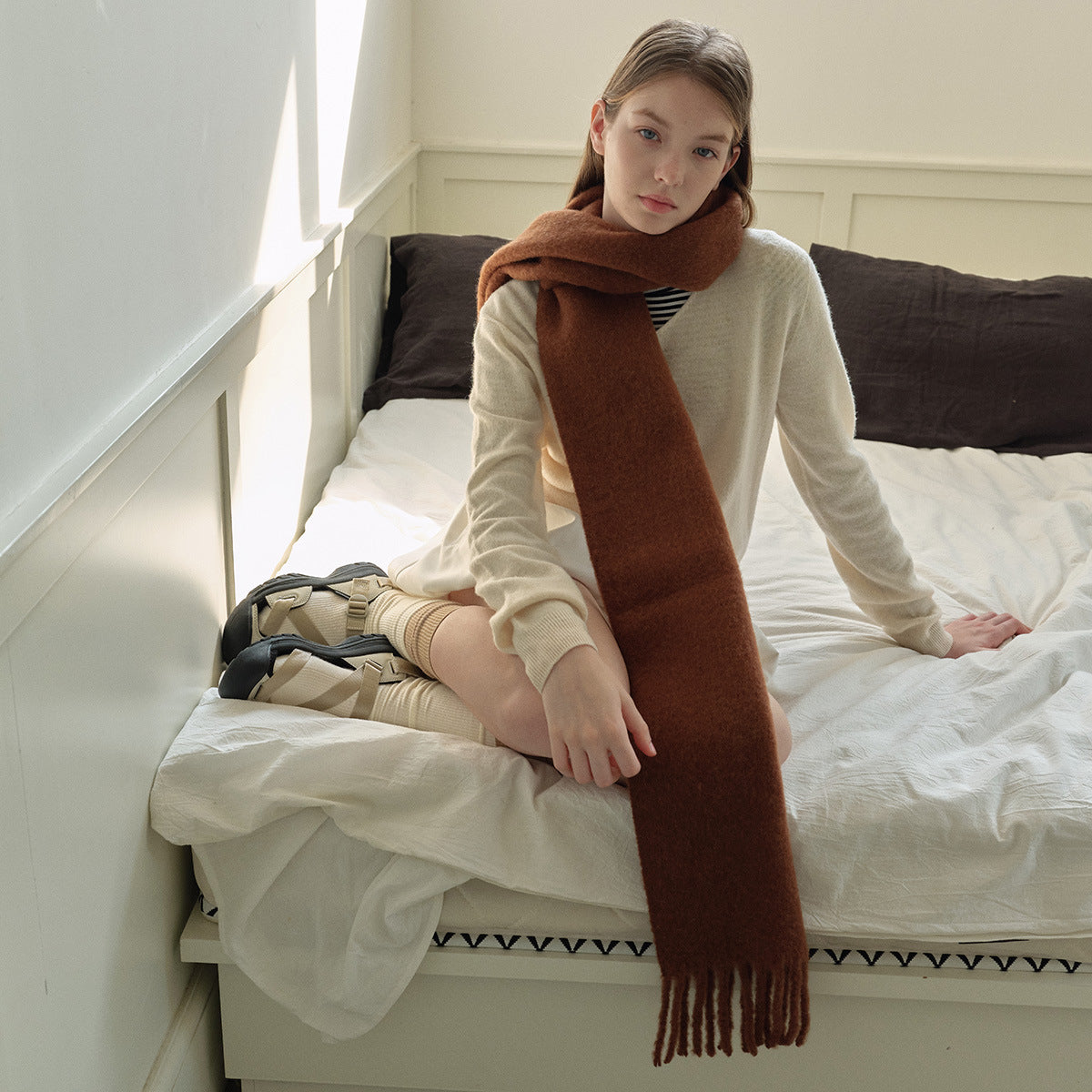 New mint green snow bud powder flat for solid color 20% wool blend scarf women's winter soft atmosphere scarf