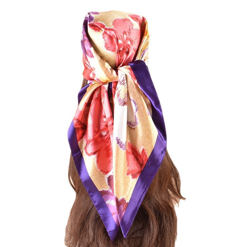 Spring new fashionable versatile large shawl imitation silk flower printing silk scarf head scarf 90-color square scarf