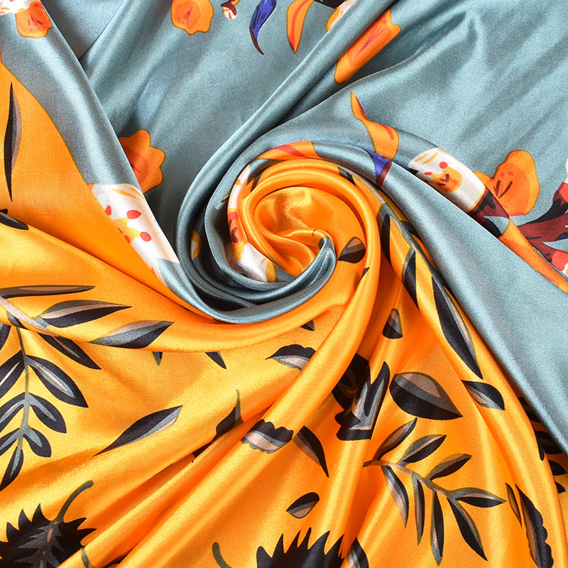 New 90cm * 90cm satin, leaf printed large square scarf with sunscreen, bag head silk scarf decoration, scarf