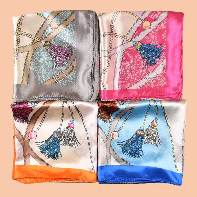 2025 new 90cm-satin belt tassel printed square scarf with sunscreen, head silk scarf decorative scarf