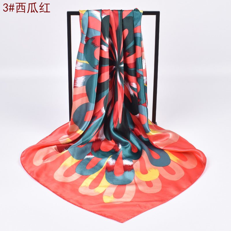 Autumn new fashionable and elegant flower satin large square scarf silk scarf fashion imitation silk scarf