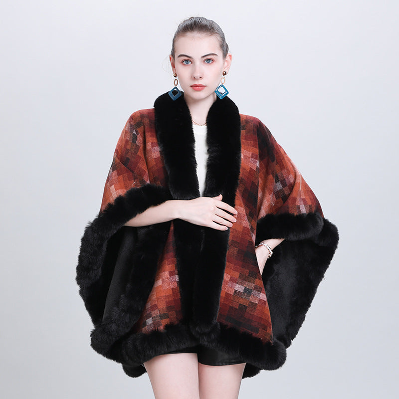 European and Korean autumn and winter fashion new scarf shawl plaid plush thickened fur collar shawl cape 0987