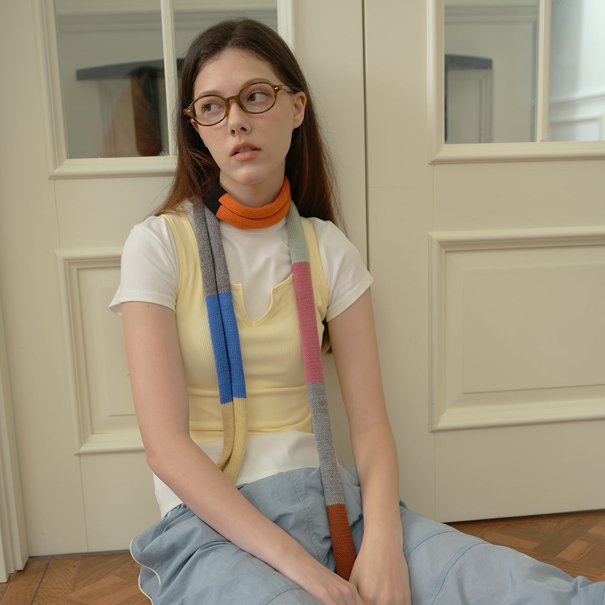 Designer's same flat replacement containing 30 wool warm color striped splicing contrasting color thin scarf spring and summer sausage scarf