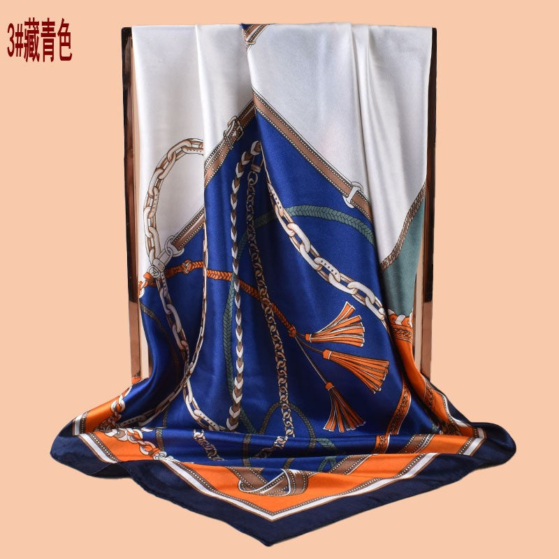 2025 new 90cm-color diced belt chain fringed printed square scarf with sunscreen, bag head silk scarf decoration, scarf