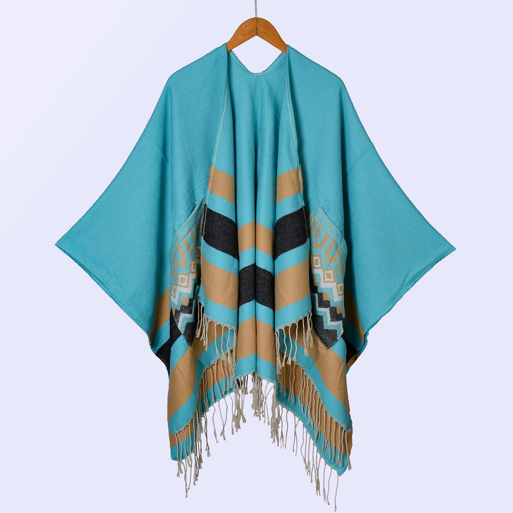 New ethnic style women's pockets thickened shawl travel photo camping warm split cloak cape