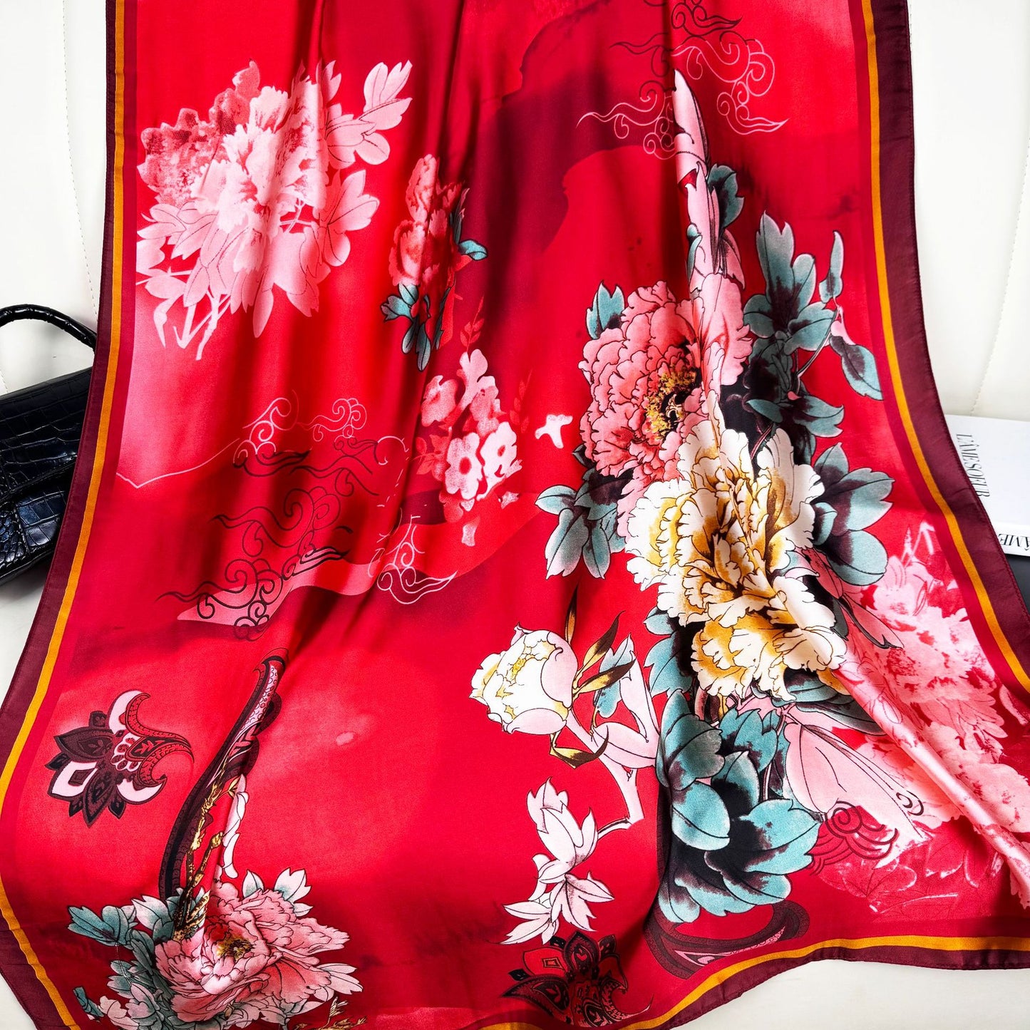 Retro ethnic style plant national flower simulation silk long silk scarf, positive red, simple and elegant temperament women's outer shawl souvenir