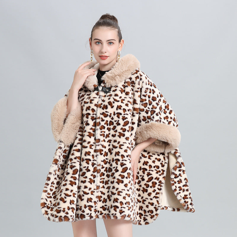 Cloak Shawl Leopard Point Fleece Thickened Fur Collar Fringed Knitted Shawl Large Size Wool Jacket 0960