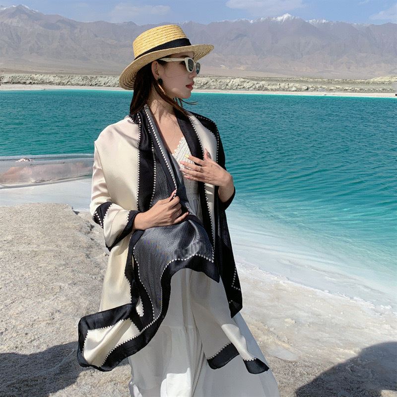 Simple and elegant geometric color matching simulation silk long silk scarf, travel and vacation sunscreen beach towel shawl, headscarf