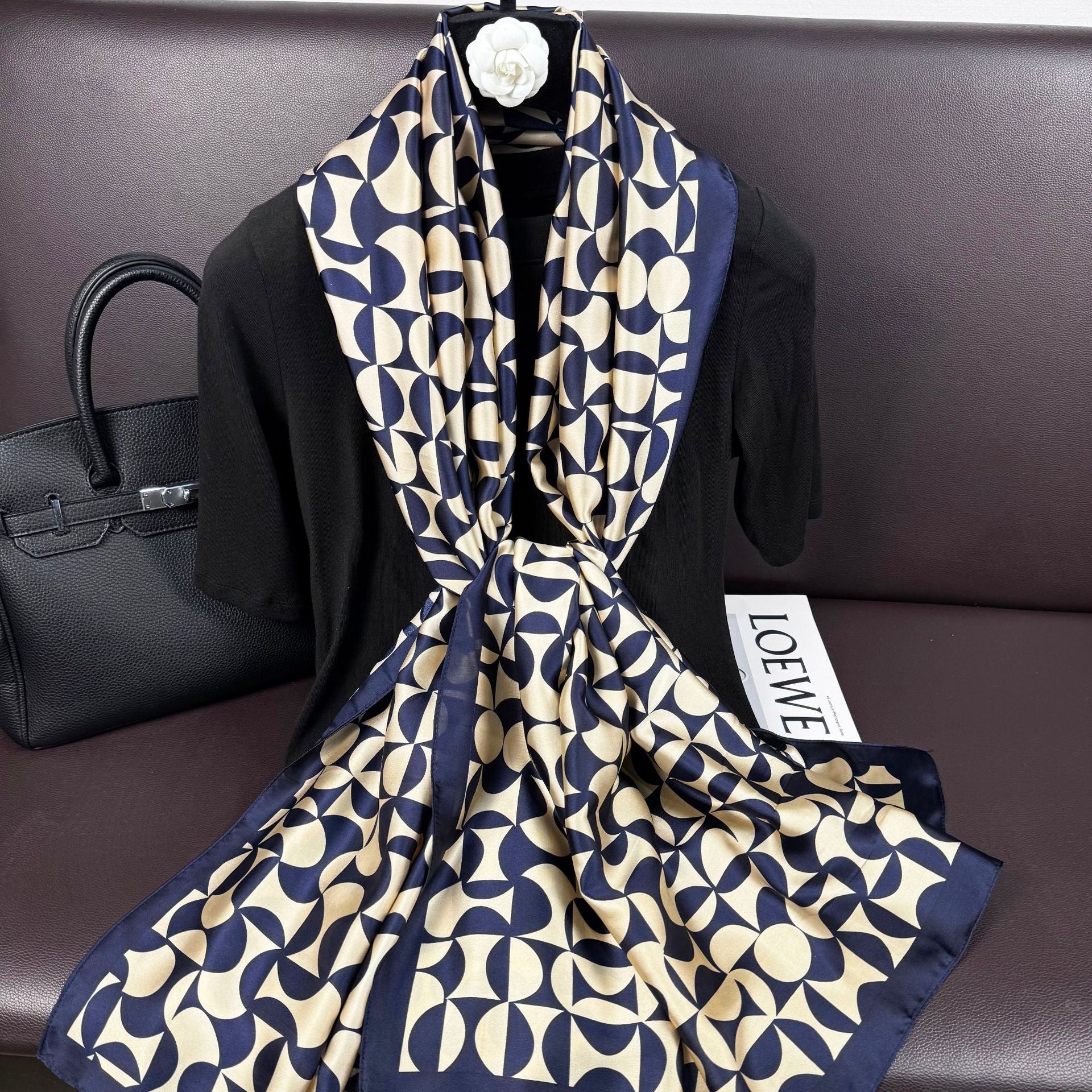 Fashion versatile geometric lines leopard print long silk scarf, ethnic women's dress sunscreen