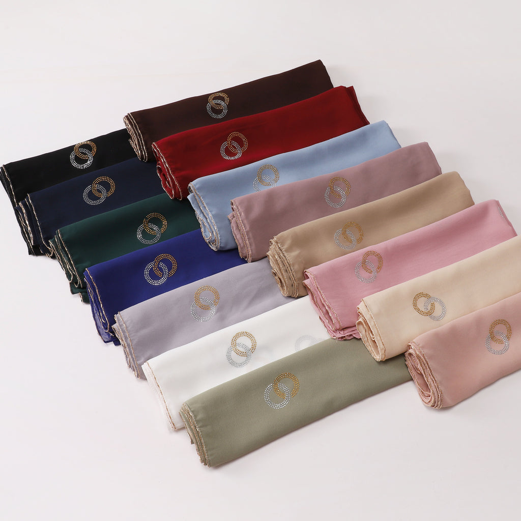 New Pearl Chiffon Long Edge Metal Chain Double Ring Hot Diamond Long Towel Yarn Middle East Head Towel