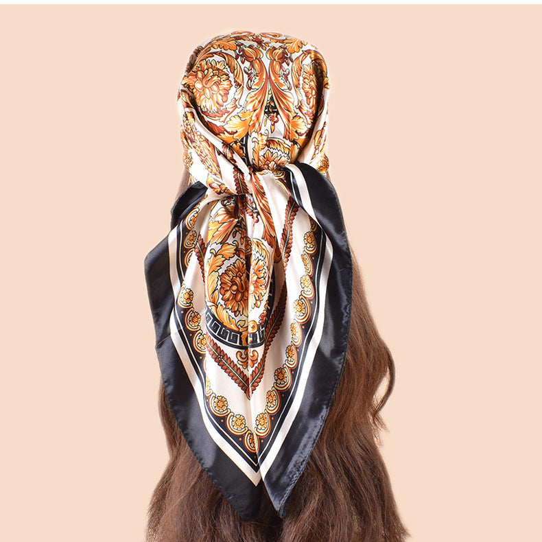 Spring new fashionable versatile large shawl imitation silk retro totem printed silk scarf head scarf 90 satin square scarf